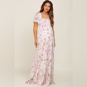 Pinkblush Pink Floral Chiffon Smocked Short Sleeve Maternity Maxi Dress